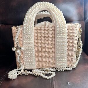Elegant Pearl-Embellished Beige Handbag